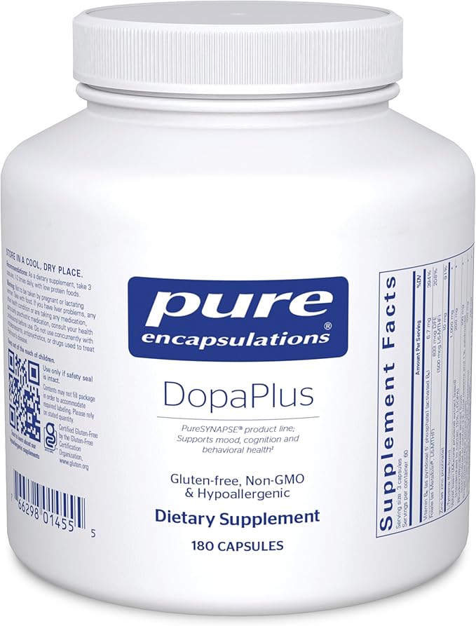 Pure Encapsulations DopaPlus - Supports Dopamine Production - for Daily Brain Function* - with L-Tyrosine, Folate, Vitamin B6 & L-5-MTHF - Non-GMO & Vegan - 180 Capsules