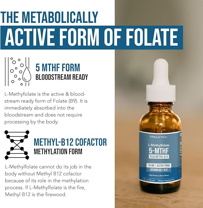 L Methyl Folate 15mg Plus Methyl B12 Cofactor – Organic Berry Flavor, High Potency Liquid Sublingual Active 5-MTHF Form - Supports Mood, Methylation, Cognition – Bioactive Forms Vitamin B9 & B12 (1oz)