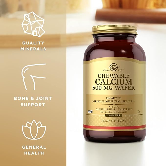 Solgar Chewable Calcium 500 mg - 120 Wafers, Pack of 3 - Promotes Musculoskeletal Health - Non-GMO, Vegan, Gluten, Wheat & Dairy Free, Kosher - 180 Total Servings