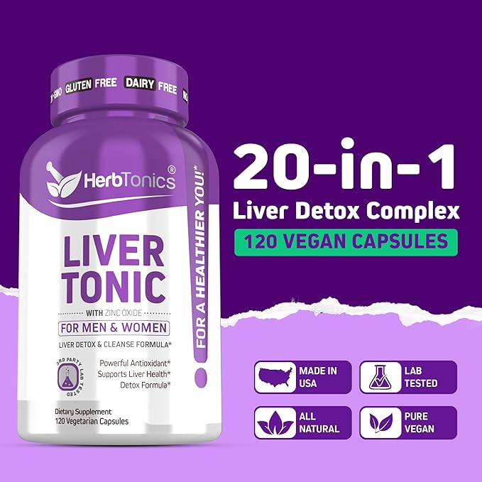 Herbtonics Liver Cleanse Detox & Repair Supplement with Milk Thistle & Artichoke 20-in-1 Liver Support Formula, Energy & Overall Health | Dandelion, Turmeric, Berberine | 120 Vegan Capsules