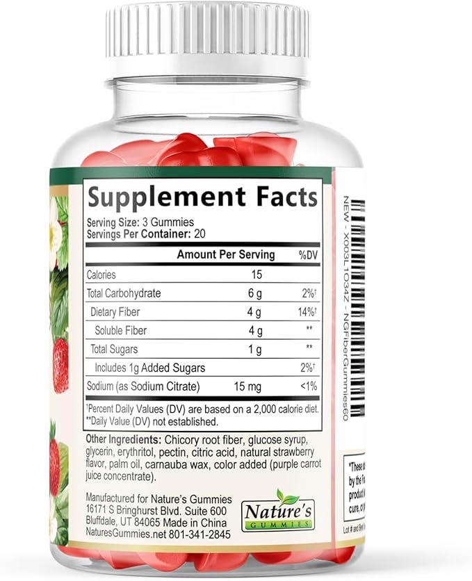 Prebiotic Fiber Gummies - 4g Dietary Fiber Per Serving - Extra Strength Daily Supplement for Adults - Tasty Strawberry Flavor - Plant Based Digestive and Regularity Support - 60 Gummies
