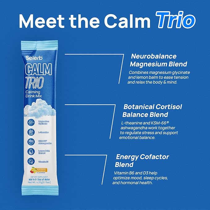 Selerb CalmTrio Magnesium Glycinate Powder Cortisol Drink Mix - No Sugar with L-Theanine, Ksm-66® Ashwagandha, Lemon Balm, Vitamin D3, B6, Supplements for Relax, Focus & Calm, Raspberry Lemon 20 Ct