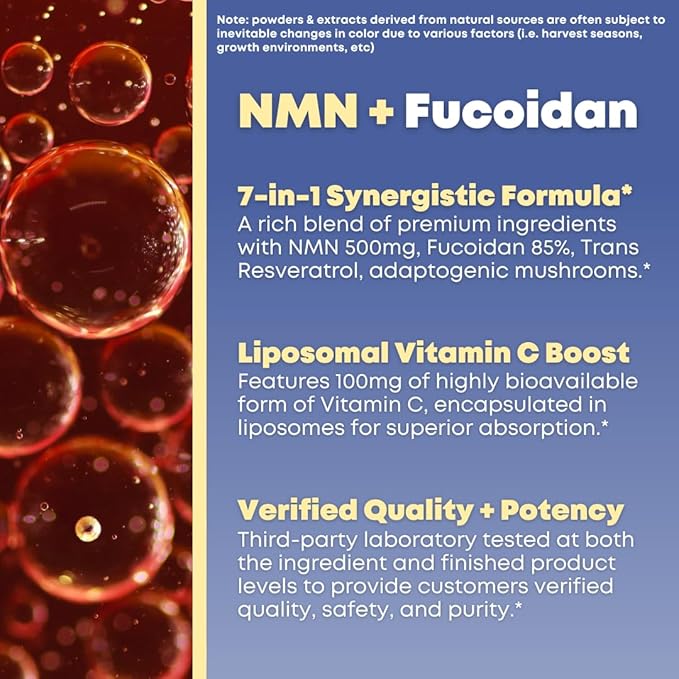 NMN 500mg & Fucoidan with Trans Resveratrol, Liposomal Vitamin C, Chaga, Reishi, Maitake Mushroom Extract - NAD+, Mitochondrial, Healthy Aging Support - 60 Capsules, Non GMO, Gluten Free Supplement