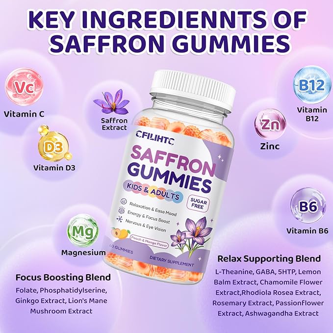 Saffron Gummies for Kids & Adults, 20-in-1 Saffron Supplements with 88.5mg Saffron Extract, B6, B12, C, D3, Magnesium for Calm, Focus, Nerve, Sugar Free, Vegan, Non-GMO, Peach Mango Flavor, 60 Counts
