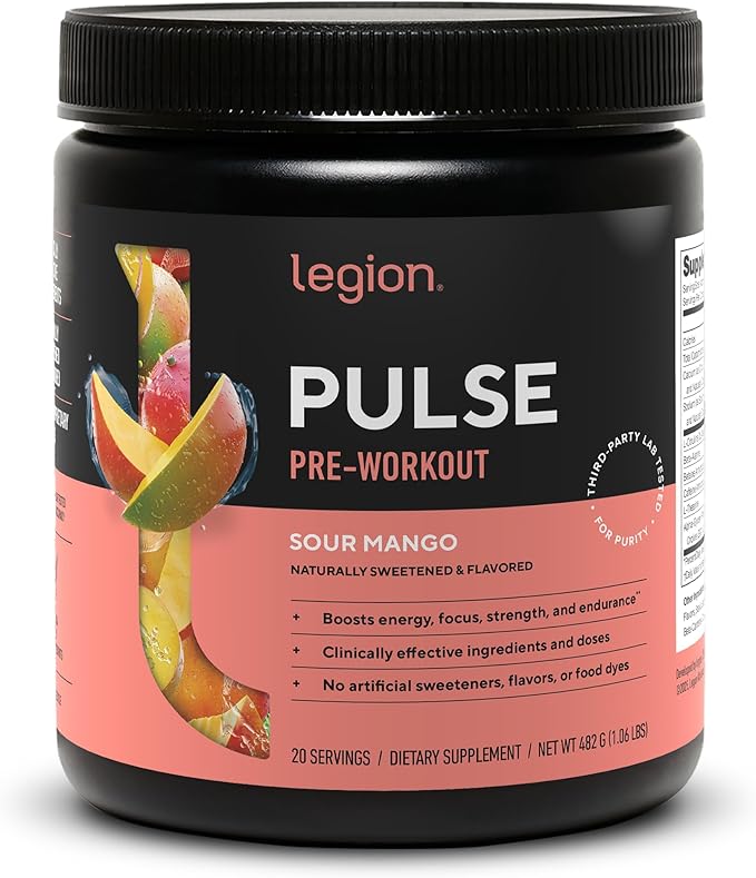 LEGION Pulse Pre Workout Supplement - All Natural Nitric Oxide Preworkout Drink to Boost Energy, Creatine Free, Naturally Sweetened, Beta Alanine, Citrulline, Alpha GPC (Sour Mango)