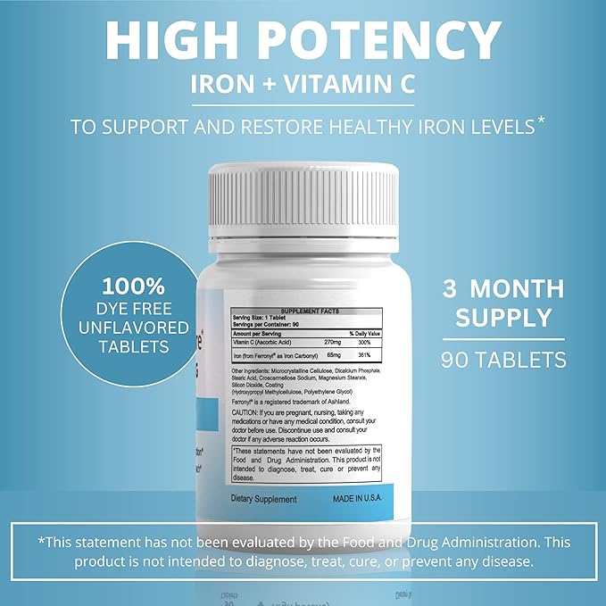 Carbonyl Iron Tablet 65 mg with 270 mg Vitamin C |180 Days Supply | for Women/Men | High Potency Bariatric Vitamins for WLS Patients Including Gastric Bypass | Dye Free (2)