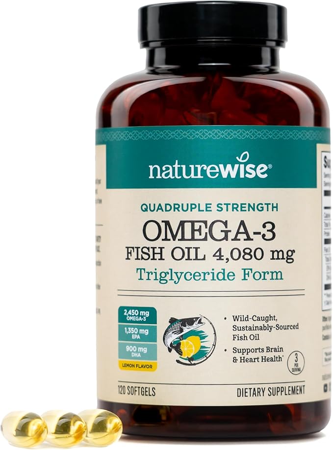NatureWise Quadruple Strength Omega 3 Fish Oil 4080mg- Natural TG Form + Wild Caught - 2450mg Omega 3 + 1350mg EPA 900mg DHA - Burpless - Non-GMO & USA Manufactured - 120 Softgels[40 Day Supply]