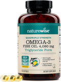 NatureWise Quadruple Strength Omega 3 Fish Oil 4080mg- Natural TG Form + Wild Caught - 2450mg Omega 3 + 1350mg EPA 900mg DHA - Burpless - Non-GMO & USA Manufactured - 120 Softgels[40 Day Supply]