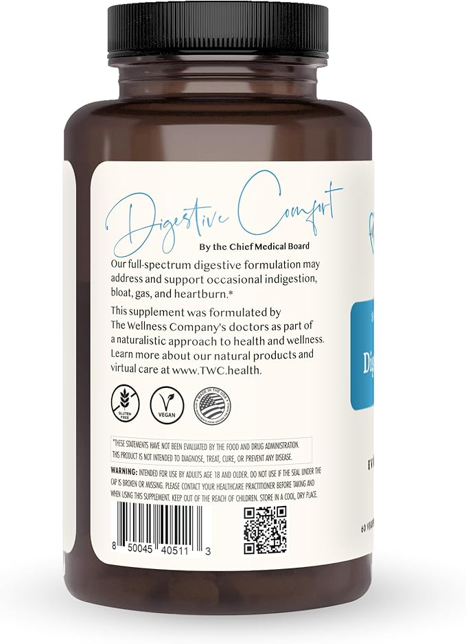 The Wellness Company Digestive Comfort - Bloat & Gas Relief, Anti-Heart Burn, IBS, Fast Acting, Gut Health - 5 Enzymes, Peppermint & Ginger Root | 60ct (1 Month Supply)