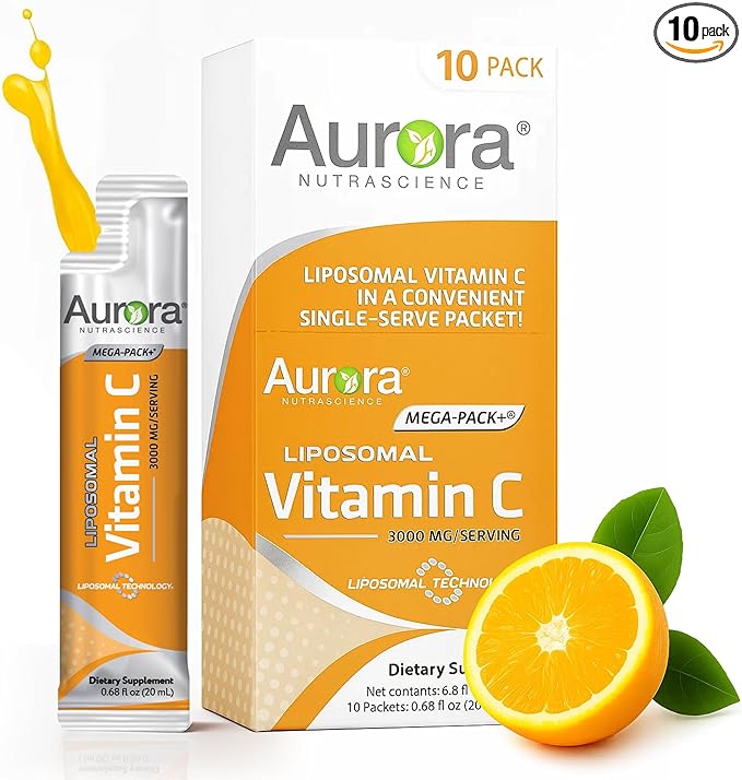 Aurora Nutrascience Liposomal Liquid Vitamin C - Healthy Immune Support Supplement for Adults, Sugar Free, 3000 mg per Serving, Vegan, Gluten Free, Non-GMO - 10 Single Serve Packets, Orange