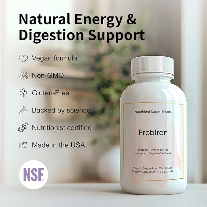 Nourished Natural Health ProbIron - Women's Probiotic + Iron Supplement Boosted with Vitamin C and Copper - Vegan Formula for Energy and Digestive Wellness - 120 Capsules