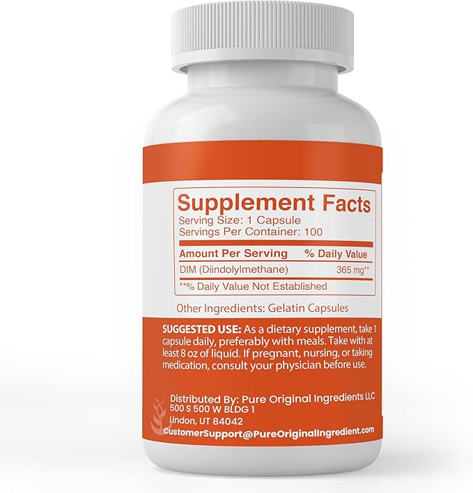 PURE ORIGINAL INGREDIENTS DIM Diindolylmethane (100 Capsules) Pure, Lab Verified, No Fillers