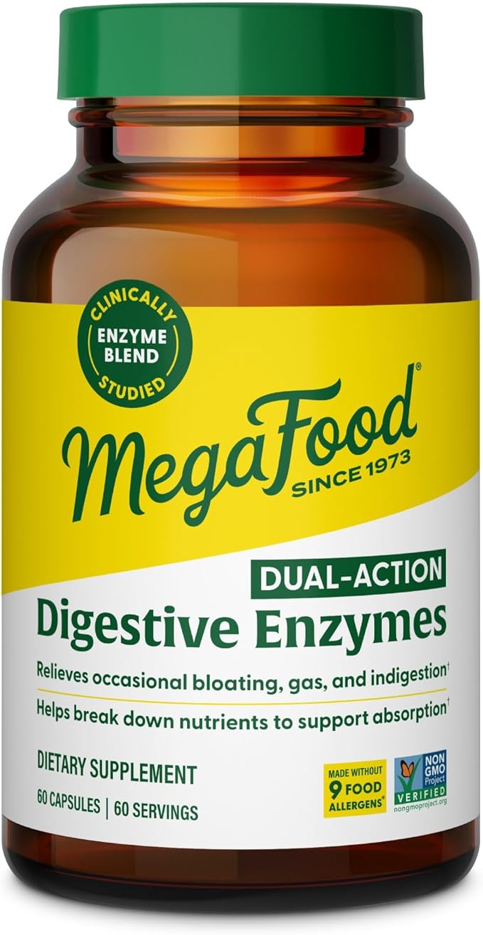 MegaFood Dual-Action Digestive Enzymes for Women & Men - Gas & Bloating Relief for Women & Men - Supports Nutrient Absorption & Digestive Health - Vegan, Gluten Free - 60 Capsules, 60 Servings