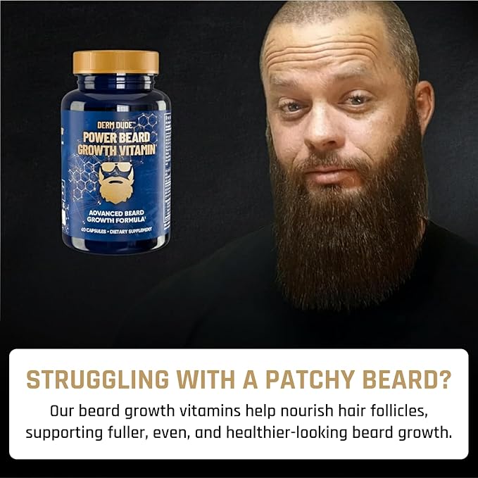 Derm Dude Power Beard Growth Vitamins for Men | With Biotin 10K MCG, Zinc B12 Saw Palmetto & Keratin for Healthier Thicker Fuller & Stronger Facial Hair | Restore Hair Breakage & Thinning, 60 Capsules
