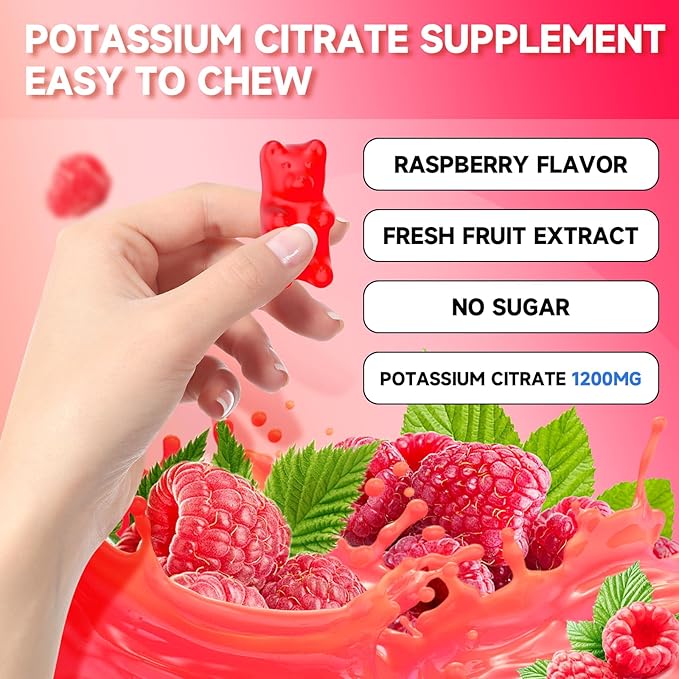 2 Pack Potassium Citrate Gummies, High Potassium Supplement 1200mg Support Leg Cramps & Muscle Health, Potassium Gummies for Adults & Kids, Vegan, Raspberry Flavor 120 Count