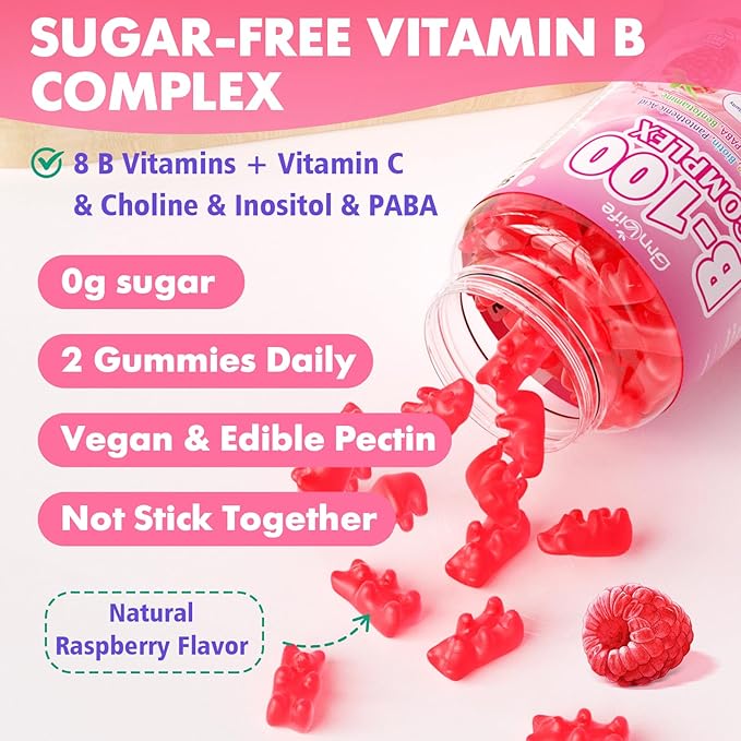 Vitamin B Complex Gummies, All B Vitamins + Methyl B12, B1, B2, B3, B5, B6, Biotin, Methylfolate, Vitamin C, Choline, Inositol, PABA for Energy & Immune Support, Raspberry Flavor, 60 Count