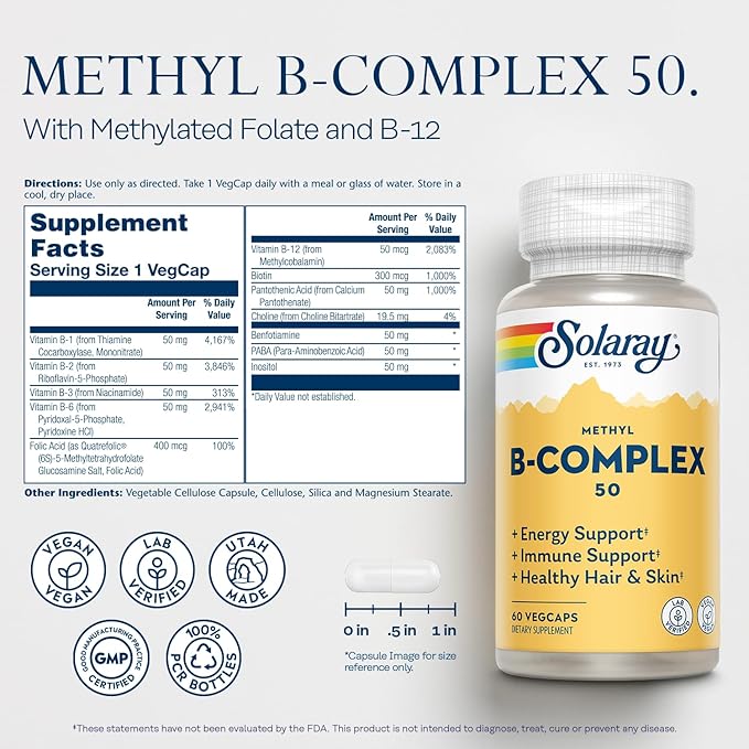 SOLARAY Methyl B Complex 50mg - Vitamin B Complex with Vitamin B12, B6, B1, Folic Acid, Biotin and More - Cellular Energy Supplements, Nerve Function Support - Vegan, 60-Day Guarantee, 60 Servings