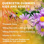 Quercetin Gummies with Bromelain for Adults & Kids - 800mg Quercetin with Bromelain, Elderberry, Vitamin C, D3 - Immune, Seasonal Wellness Support - Sugar Free, Vegan, Pineapple Flavor, 60 Ct (2 Pack)