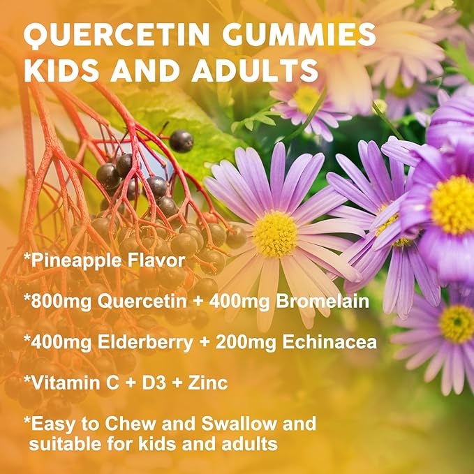 Quercetin Gummies with Bromelain for Adults & Kids - Immune & Seasonal Wellness Support, 800mg Quercetin with Bromelain, Zinc, Elderberry, Vitamin C & D3 - Sugar Free, Vegan, Pineapple Flavor, 60 Ct