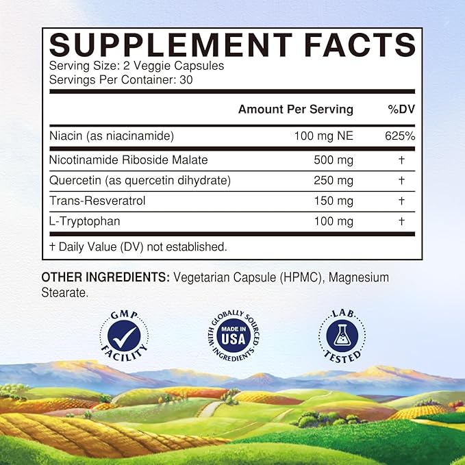 Vitalitown 5 in 1 NAD+, NMN Supplement Alternatives, Nicotinamide Riboside (NR), Trans-Resveratrol, Quercetin, Niacinamide, L-Tryptophan, for Cellular Energy, Heart, Skin, 90 Veggie Capsules