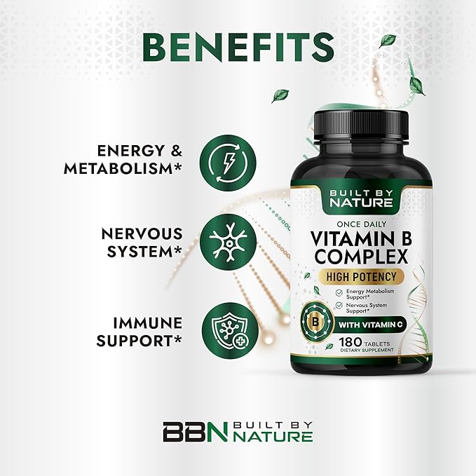 Built by Nature Vitamin B Complex – Super B Complex Vitamins for Women & Men – Energy, Stress & Immune Support – High Potency B Vitamins Complex with B12 – 180 Tablets