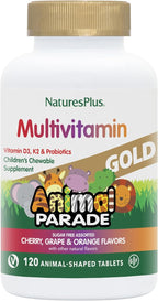 NaturesPlus Animal Parade Gold Children's Multivitamin - Assorted Cherry, Orange & Grape Flavors - 120 Chewable Animal-Shaped Tablets - Vegetarian, Gluten Free - 60 Servings