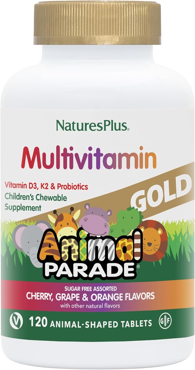 NaturesPlus Animal Parade Gold Children's Multivitamin - Assorted Cherry, Orange & Grape Flavors - 120 Chewable Animal-Shaped Tablets - Vegetarian, Gluten Free - 60 Servings