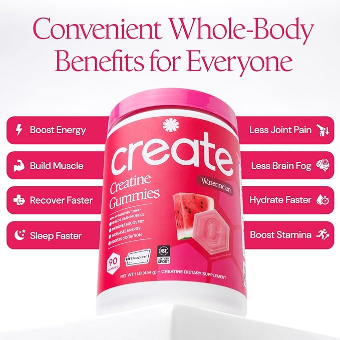 Create Creatine Monohydrate Gummies for Men & Women, Boost Focus, Strength, and Endurance, Anti-Melting Formula, Vegan, Gluten-Free, Non-GMO, 1.5g of Creatine per Gummy (Watermelon)