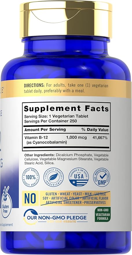 Carlyle B12 Vitamin 1000 mcg | 250 Count | Time Release Tablets | as Cyanocobalamin | Vegetarian, Non-GMO & Gluten Free Supplement