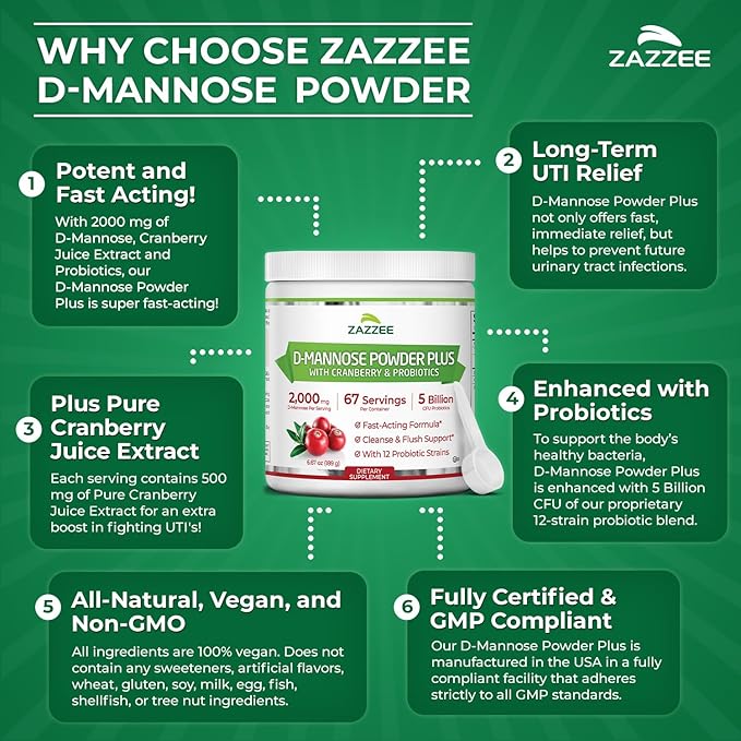 Zazzee D-Mannose Powder Plus, 2000 mg, 67 Servings, Plus 5 Billion CFU Probiotics and Pure Cranberry Juice Extract, Certified Kosher, Free Scoop, 6.67 oz, Urinary Tract Support, Non-GMO, All-Natural