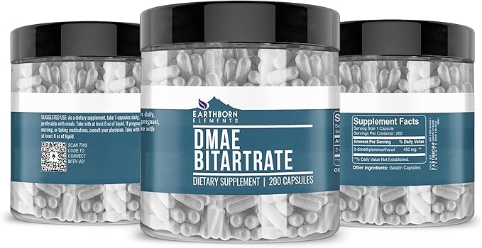 Earthborn Elements DMAE Bitartrate 200 Capsules, Pure & Undiluted, No Additives