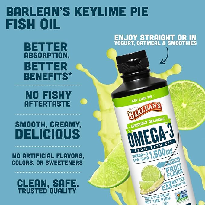 Barlean's Omega 3 Fish Oil Liquid Supplement for Men and Women, 1500mg of EPA and DHA Fatty Acid, Promotes Brain & Heart Health - Non-GMO, Key Lime Pie, 16 oz