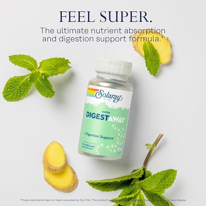 SOLARAY Super Digestaway Digestive Enzymes - Pancreatin, Papain, Ginger, Pepsin, Betaine HCl, Aloe Vera, and More - Digestion & Nutrient Absorption Support - Lab Verified - 90 VegCaps