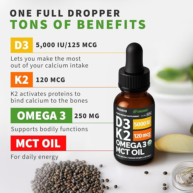 (4 Pack) Organic Vitamin D3 K2 Drops with MCT Oil Omega 3, 5000 IU - Maximum Strength Vitamin D Liquid, No Fillers, Non-GMO Liquid D3 for Faster Absorption and Immune Support, Unflavored, 4 Fl Oz