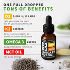 (4 Pack) Organic Vitamin D3 K2 Drops with MCT Oil Omega 3, 5000 IU - Maximum Strength Vitamin D Liquid, No Fillers, Non-GMO Liquid D3 for Faster Absorption and Immune Support, Unflavored, 4 Fl Oz