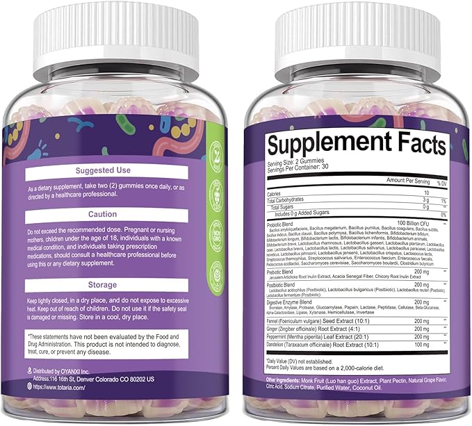 Totaria 2 PCS Sugar Free 5-in-1 Probiotic Prebiotic Postbiotic Gummy, 36 Strains Probiotics for Women Men with Digestive Enzymes, Peppermint, Complete Immune, Gut & Digestive Support, Grape Flavor
