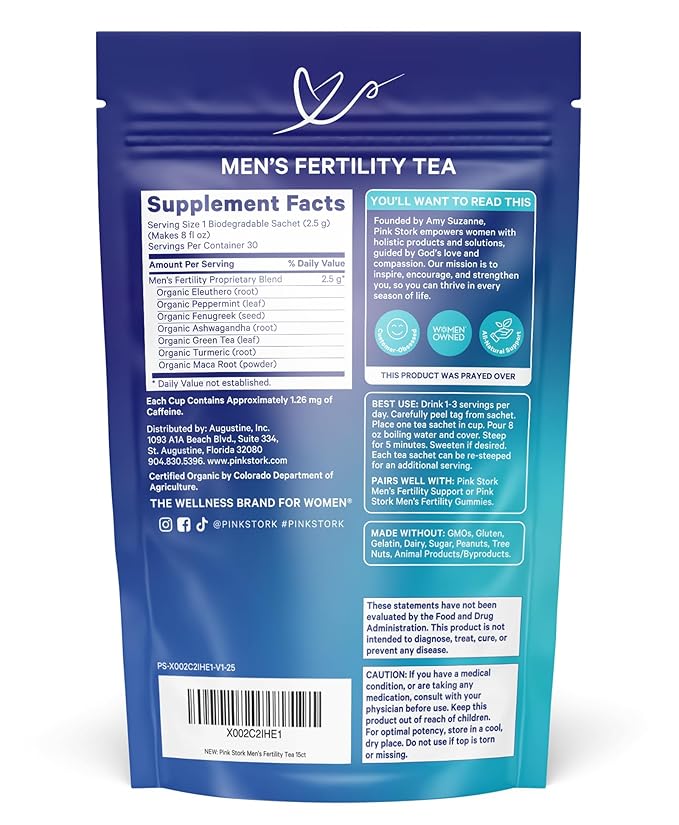 BlueStork Men's Fertility Tea: Organic Fertility Supplements for Men, Green Tea, Maca Root, and Ginkgo Biloba for Male Reproductive Health, Mint, 15 Sachets