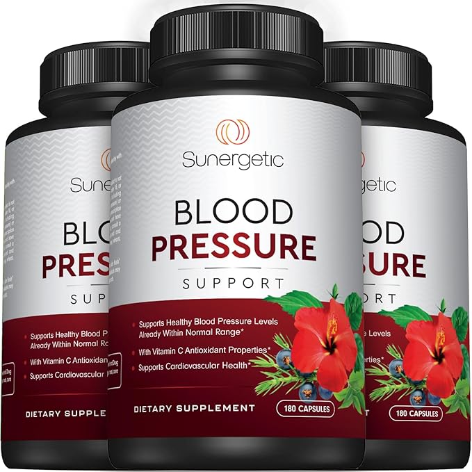 Sunergetic Premium Blood Pressure Support Supplement for Cardiovascular & Heart Health with Garlic, Hawthorn & Hibiscus (180 Capsules)