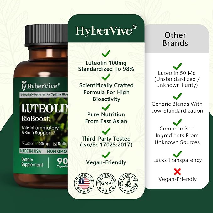 Luteolin Supplement, 98% Ultra-Purity Luteolin Extract – Plant-Based Flavonoid Supplement for Brain Health, Immune Support & Inflammatory Balance – Made in USA, 90 Vegan Capsules