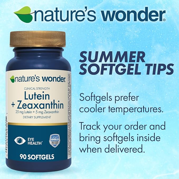 Nature's Wonder Clinical Strength Lutein 25 mg with Zeaxanthin 5 mg softgels for Adults, Supports Vision & Eye Health, Gluten Free, No Artificial Colors 90 Days Supply