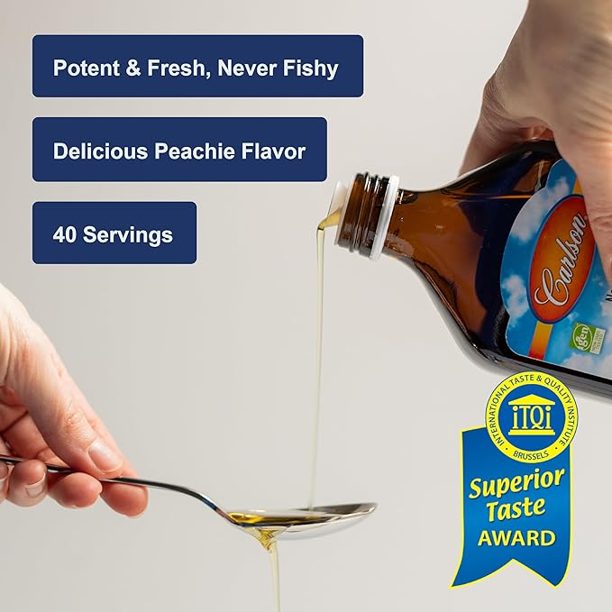 Carlson - The Very Finest Fish Oil, 1600 mg Omega-3s, Liquid Fish Oil Supplement, Norwegian Fish Oil, Wild-Caught, Sustainably Sourced Fish Oil Liquid, Just Peachie, 200 mL (6.7 Fl Oz)
