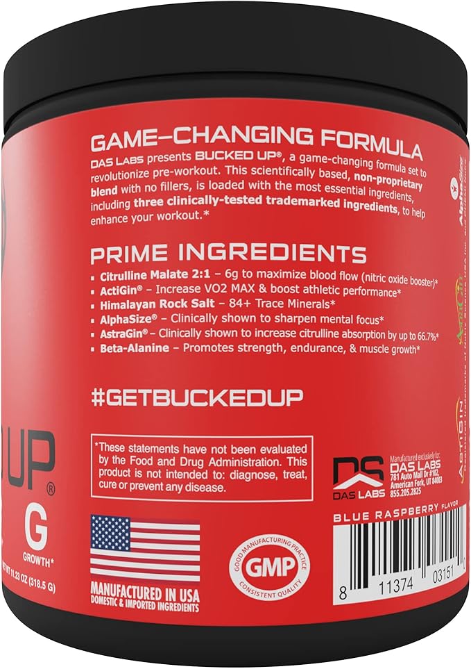 Bucked Up Pre Workout 6 Grams Citrulline, 2 Grams Beta Alanine, and 3 Other Registered trademarked Ingredients (Blue Raz)