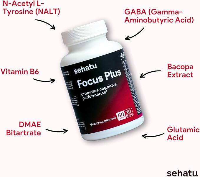 Focus Plus Cognitive Performance Enhancer | with N-Acetyl L-Tyrosine, DMAE Bitartrate, GABA, Glutamic Acid | Boosts Focus, Enhances Memory, Supports Brain Health | 60 Count | 30 Day Supply