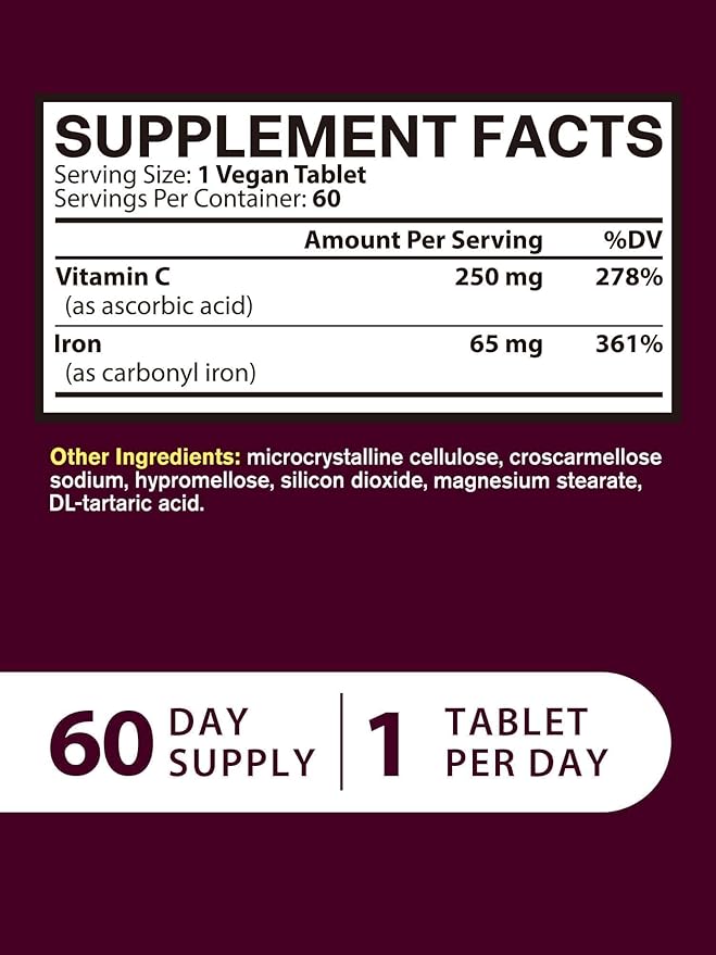 Iron Supplement for Women Men, High Potency Iron 65mg with Vitamin C 250mg, Stomach Friendly Iron Pills for Red Blood Cell & Immune Support, Vegan, Non-GMO & Gluten Free, 60 Tablets