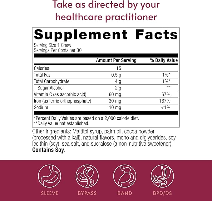 Bariatric Advantage Iron 30 mg Chewy Bite with Vitamin C - for Bariatric Patients - Sugar-Free - Chocolate Raspberry - 30 Count