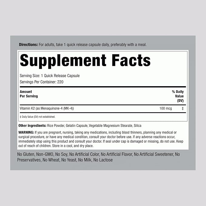 Piping Rock Vitamin K2 MK4 Supplement | 100 mcg | 220 Capsules | Non GMO & Gluten Free