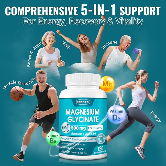 Magnesium Glycinate 500mg, High Absorption Magnesium Supplement with Vitamins B6 & D3, Chelated Magnesium Glycinate Capsules for Muscle, Heart, Calm & Immune Health, Non-Buffered, 120 Capsules