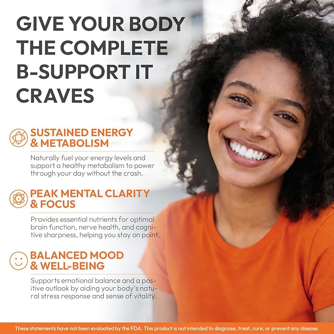 Vitamin B Complex with B1, B2, B3, B5, B6, B7, B9, B12 Taurine–Immune Support, Energy Metabolism and Nervous System – Super B Complex with Blood Orange Powder – 60 Tablets for Men & Women