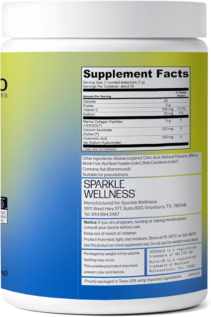 Sparkle Wellness Marine-derived VERISOL Bioactive Hydrolyzed Collagen Peptides | Collagen Powder Supplement with Vitamin C & Hyaluronic Acid | Marine Skin Boost Plus (Peach) [50-Serves]