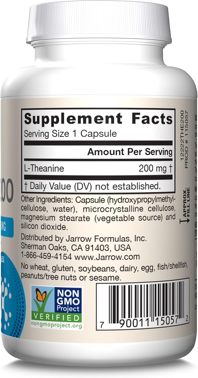 Jarrow Formulas Extra Strength L Theanine 200mg Dietary Supplement that Promotes Relaxation, Supplement for Relaxation Support, 60 Veggie Capsules, 60 Day Supply